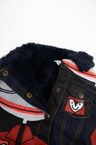 Print Denim Jacket with Faux Fur Insert