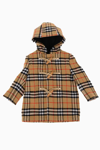 Wool Check Coat with Hood