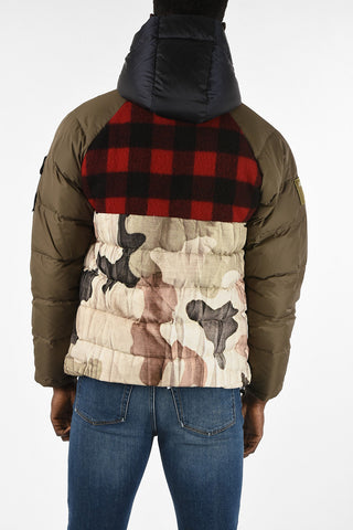 Camouflage Down Jacket With Tartan Details
