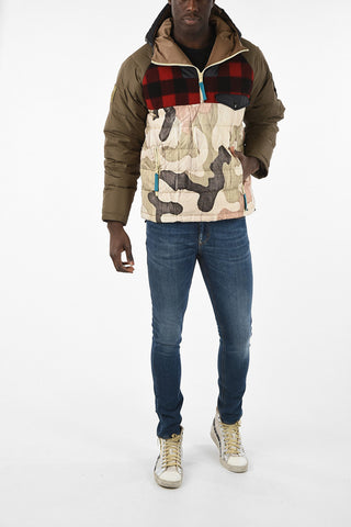 Camouflage Down Jacket With Tartan Details