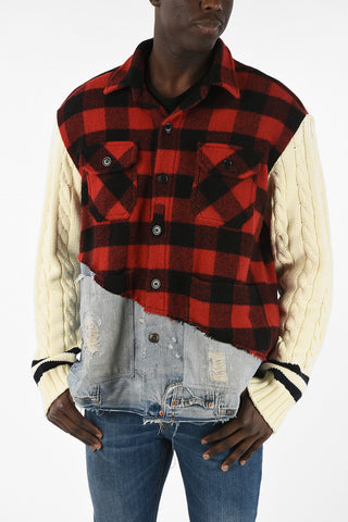 Knitted Tartan Jacket With Cable Sleeves And Denim Details