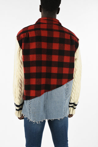 Knitted Tartan Jacket With Cable Sleeves And Denim Details