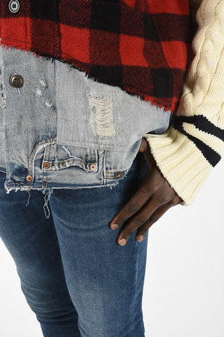 Knitted Tartan Jacket With Cable Sleeves And Denim Details