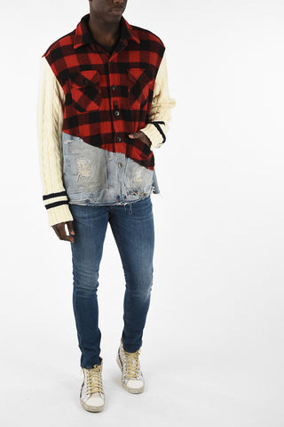 Knitted Tartan Jacket With Cable Sleeves And Denim Details