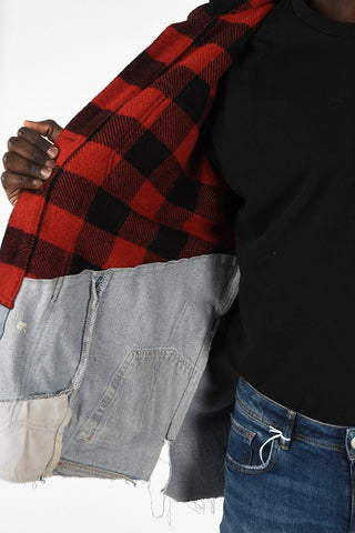 Knitted Tartan Jacket With Cable Sleeves And Denim Details