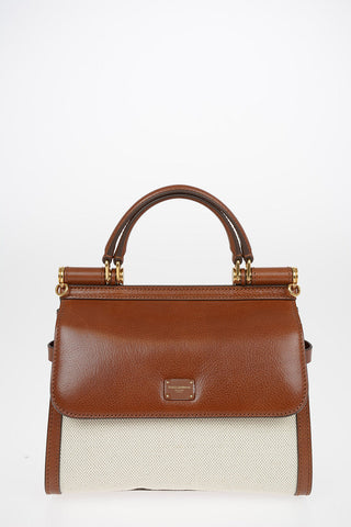 Leather Top Handle Bag SICILY 58 With Canvas Details and Removable Shoulder Strap 