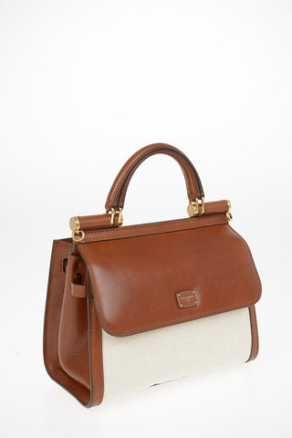Leather Top Handle Bag SICILY 58 With Canvas Details and Removable Shoulder Strap 