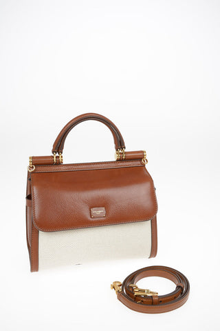 Leather Top Handle Bag SICILY 58 With Canvas Details and Removable Shoulder Strap 