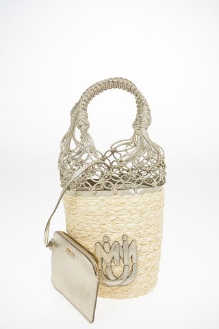 Straw Bucket Bag With Braided Leather Handles