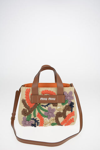 Embroidered Straw Handbag With Leather Details and Removable Shoulder Strap