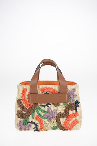 Embroidered Straw Handbag With Leather Details and Removable Shoulder Strap
