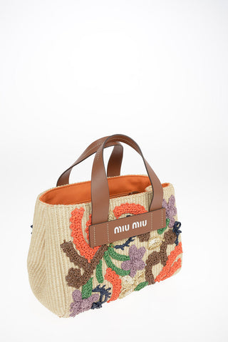 Embroidered Straw Handbag With Leather Details and Removable Shoulder Strap