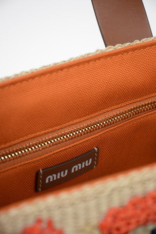Embroidered Straw Handbag With Leather Details and Removable Shoulder Strap