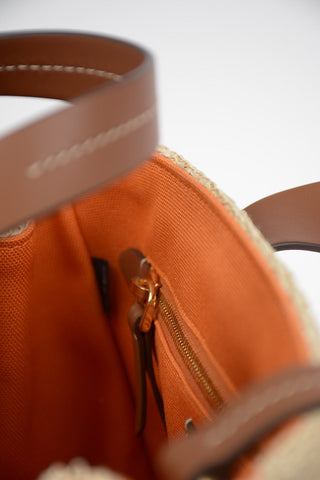 Embroidered Straw Handbag With Leather Details and Removable Shoulder Strap