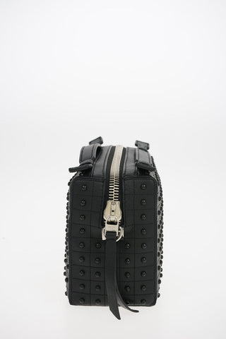 Quilted Leather Camera Bag with Studs Applications and Removable Shoulder Strap