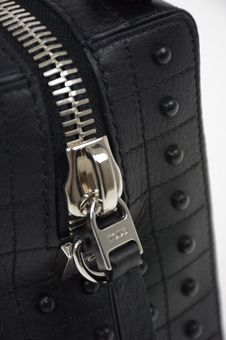Quilted Leather Camera Bag with Studs Applications and Removable Shoulder Strap