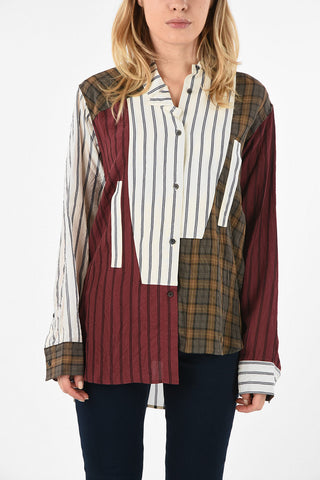 Pencil Striped and Plaid Pattern Shirt with Wingtip Collar