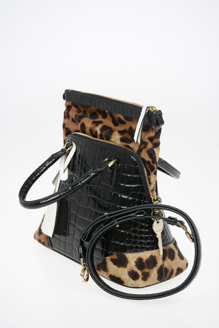 MM11 Leather HanBag with Ponyskin Details and Removable Shoulder Strap