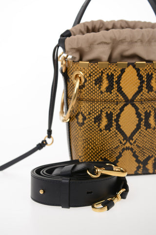 Printed Leather Bucket Bag with Removable Shoulder Strap
