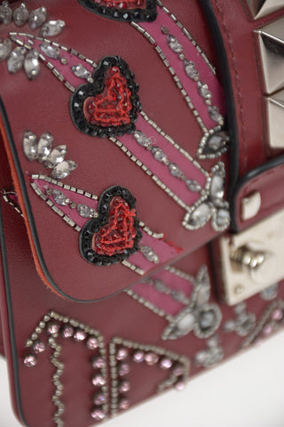 GARAVANI Leather Mini Crossbody Bag Wit Jewel Application and Removable Shoulder Chain 