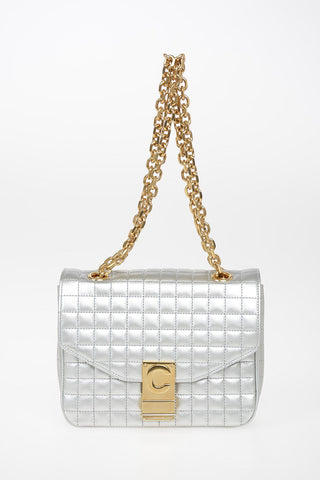 Quilted Metallic Leather Mini Top Handle Bag With Adjustable Shoulder Chain