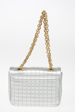 Quilted Metallic Leather Mini Top Handle Bag With Adjustable Shoulder Chain