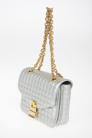 Quilted Metallic Leather Mini Top Handle Bag With Adjustable Shoulder Chain