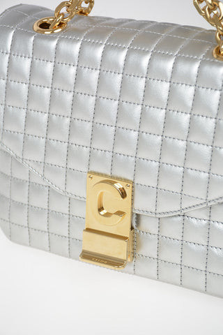 Quilted Metallic Leather Mini Top Handle Bag With Adjustable Shoulder Chain