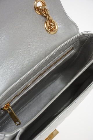 Quilted Metallic Leather Mini Top Handle Bag With Adjustable Shoulder Chain