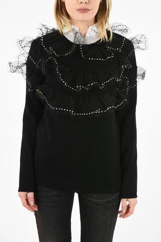 crew-neck sweater with Tulle Embroidery