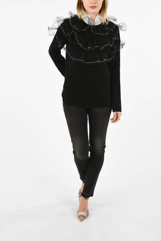 crew-neck sweater with Tulle Embroidery