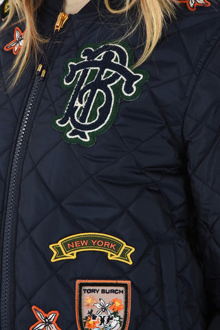 quilted bomber with Patches embroidery