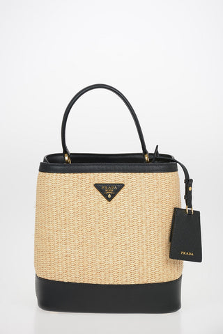 Straw Bucket Bag with Saffiano Leather Trimmings
