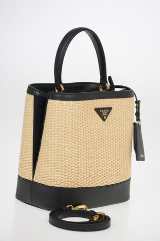 Straw Bucket Bag with Saffiano Leather Trimmings
