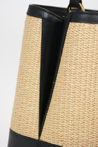 Straw Bucket Bag with Saffiano Leather Trimmings