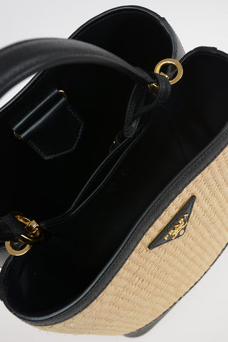 Straw Bucket Bag with Saffiano Leather Trimmings