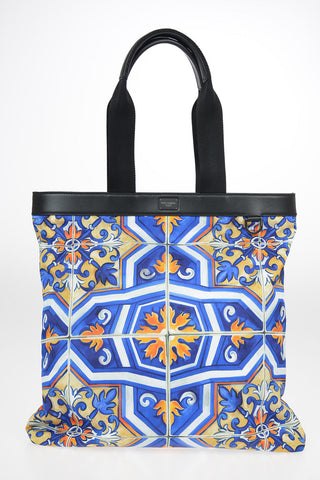 Printed Fabric Tote Bag with Leather Trimmings