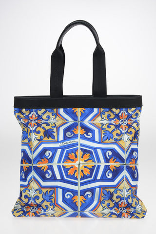 Printed Fabric Tote Bag with Leather Trimmings
