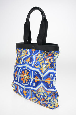 Printed Fabric Tote Bag with Leather Trimmings