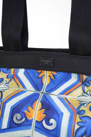 Printed Fabric Tote Bag with Leather Trimmings