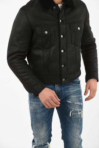 leather outerwear jacket With Shearling Details