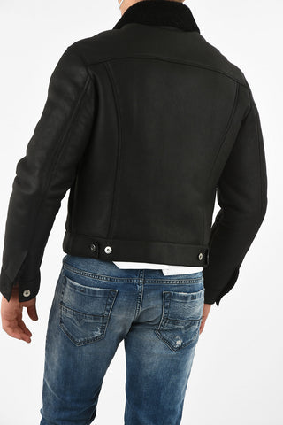leather outerwear jacket With Shearling Details