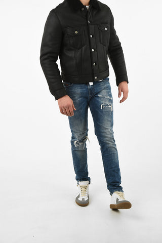 leather outerwear jacket With Shearling Details