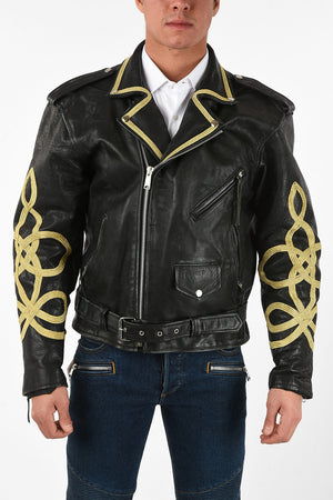 Leather Biker Jacket With Embroidered Sleeves