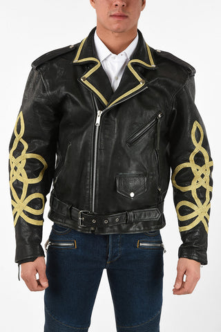 Leather Biker Jacket With Embroidered Sleeves