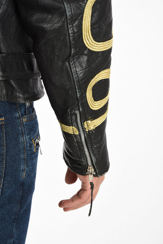 Leather Biker Jacket With Embroidered Sleeves