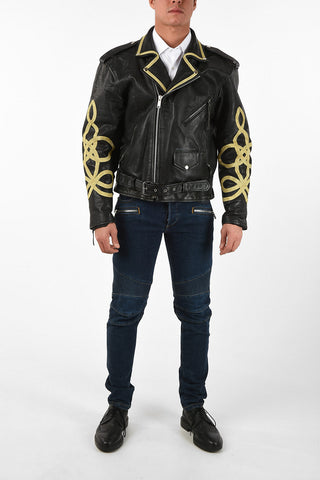 Leather Biker Jacket With Embroidered Sleeves