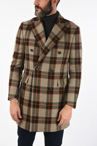 CC COLLECTION overcheck herringbone cashmere and virgin wool double breasted Chesterfield coat