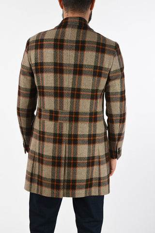 CC COLLECTION overcheck herringbone cashmere and virgin wool double breasted Chesterfield coat