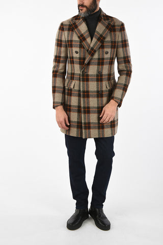 CC COLLECTION overcheck herringbone cashmere and virgin wool double breasted Chesterfield coat